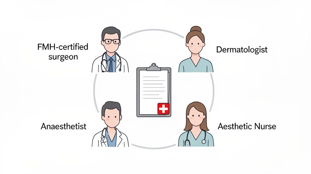 Vier medizinische Fachkräfte: ein Chirurg, ein Dermatologe, ein Anästhesist und eine ästhetische Pflegekraft, die ein kollaboratives Gesundheitsteam um ein medizinisches Notizbuch bilden.