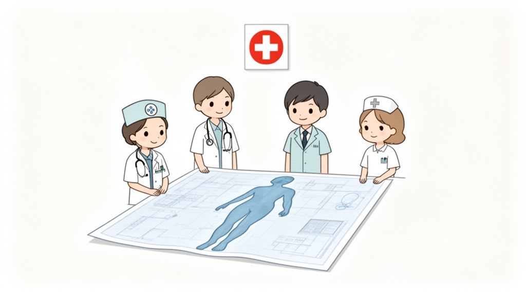 Ein medizinisches Team, darunter Ärzte und Pflegekräfte, das einen menschlichen Körperplan für die chirurgische Planung überprüft.