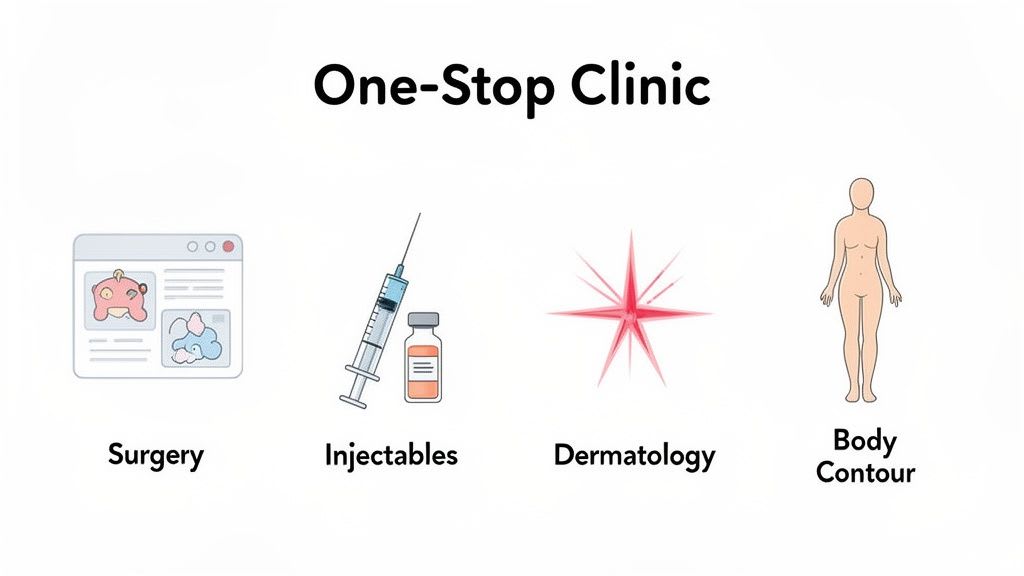 Eine Illustration, die eine Klinik zeigt, die Chirurgie, Injektionen, Dermatologie und Körperkonturierungsdienste anbietet.