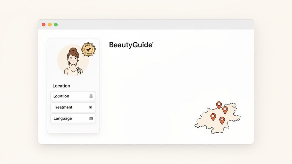 Die Benutzeroberfläche der BeautyGuide-Webanwendung zeigt ein zertifiziertes Benutzerprofil, Suchfilter und eine Karte mit Markierungen.