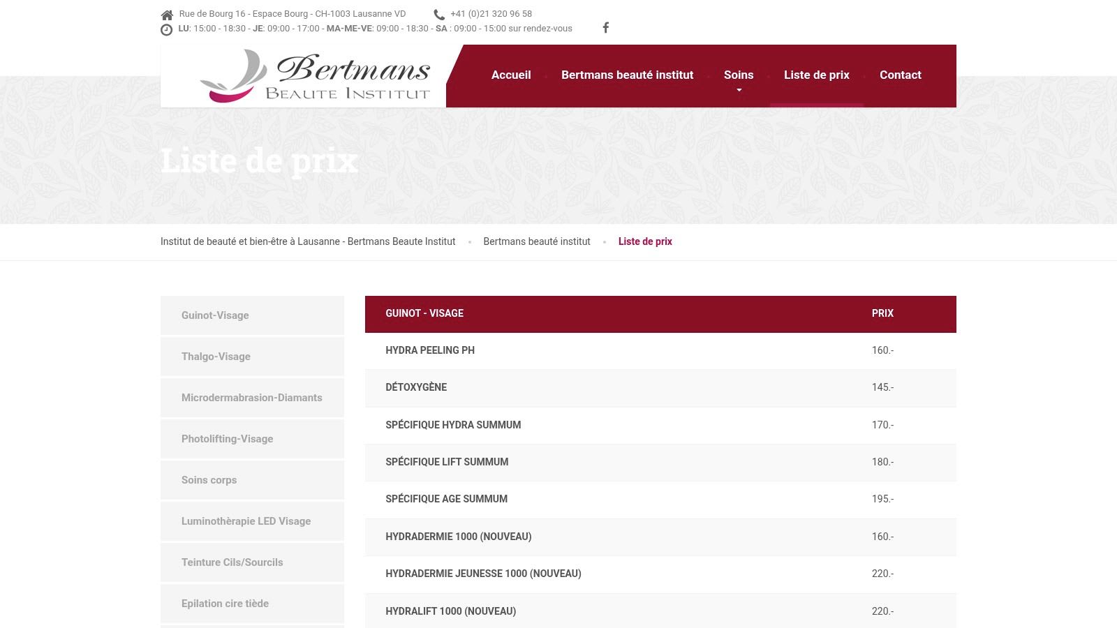 Liste de prix pour les traitements au Bertmans Beauté Institut, y compris la microdermabrasion