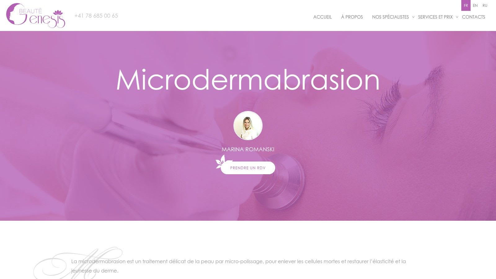 Page web de Genesis Beauté pour les services de microdermabrasion.