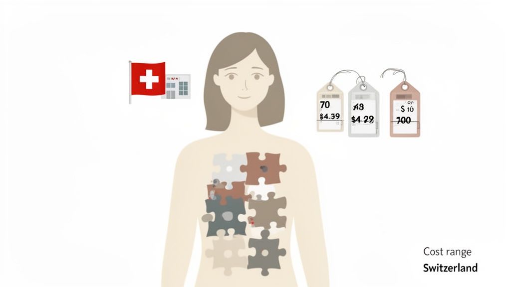 Illustration of a woman with puzzle pieces, Swiss flag, building, and price tags representing cost ranges in Switzerland.