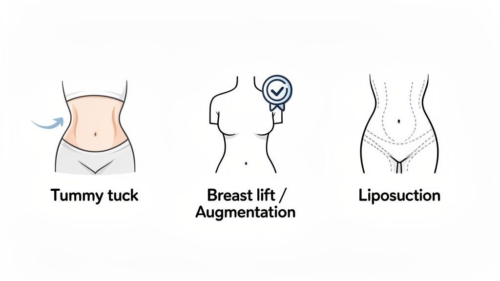 Illustrations depicting tummy tuck, breast lift/augmentation, and liposuction, common mommy makeover procedures.