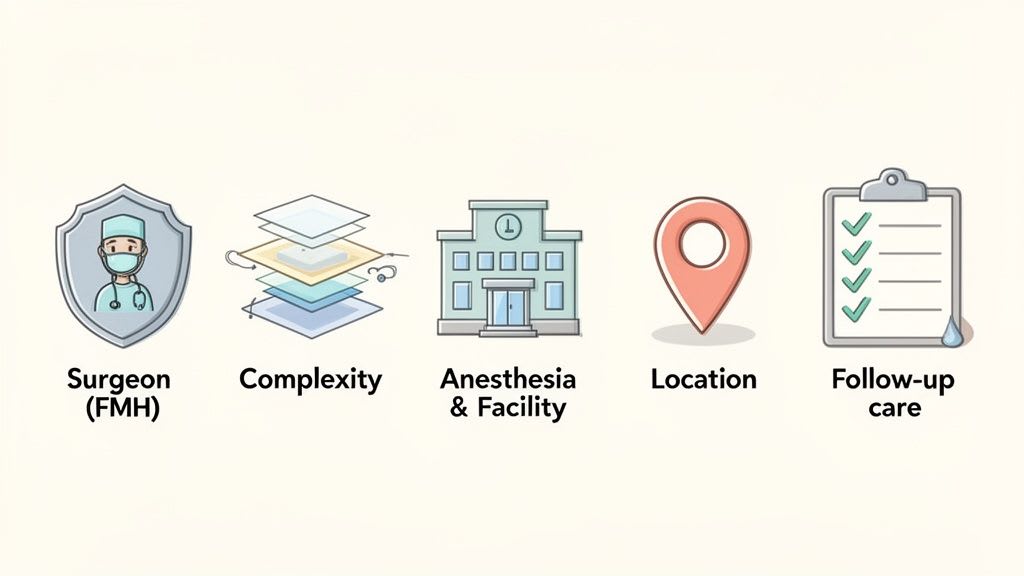 Icons representing key factors for medical procedures: surgeon, complexity, anesthesia, location, and follow-up care.