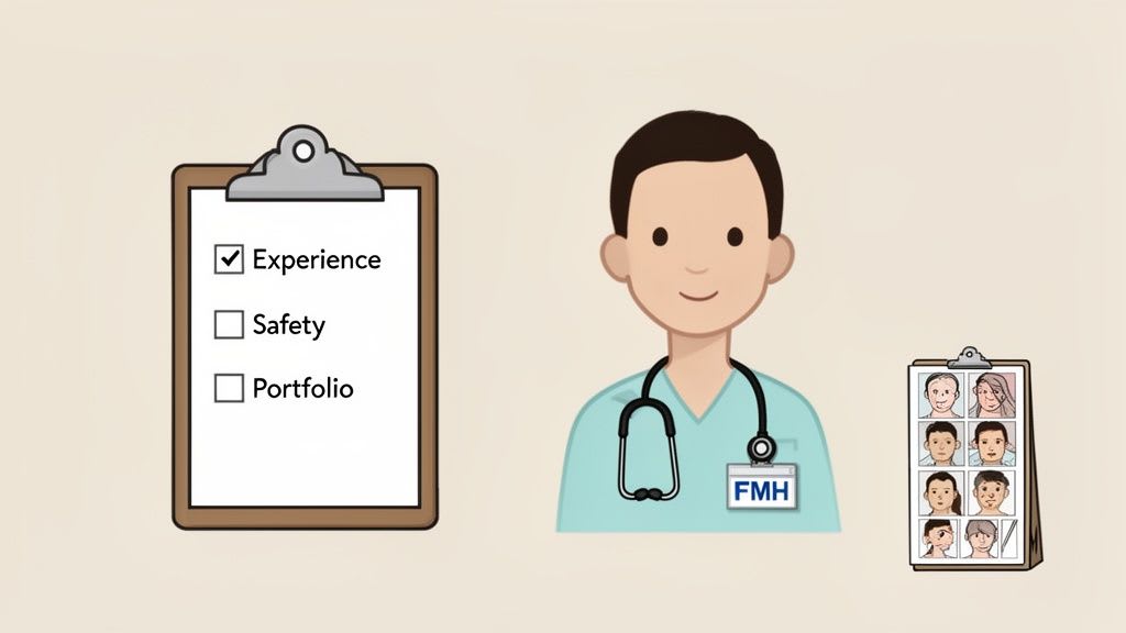 Cartoon doctor with stethoscope, a checklist showing 'Experience' checked, and a clipboard displaying patient faces.