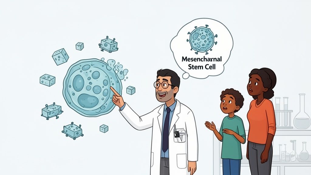 Un médecin expliquant une cellule souche mésenchymateuse à une femme et un enfant dans un laboratoire.