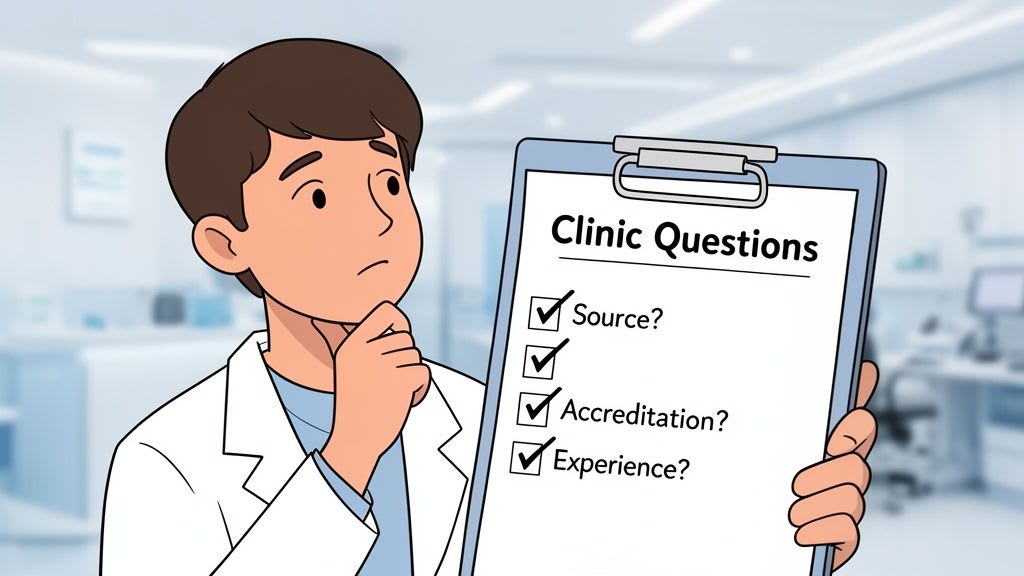 Un professionnel médical de dessin animé tenant une liste de contrôle sur l'évaluation de la clinique et la sécurité des patients.