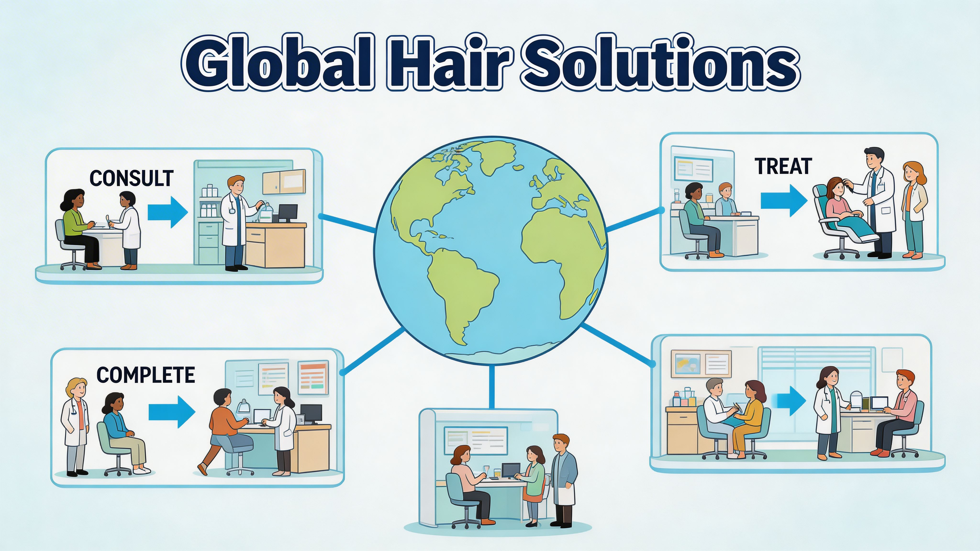 Eine Infografik, die den Prozess von Global Hair Solutions zeigt, einschließlich Beratungs-, Behandlungs- und Abschlussphasen für Haarservices.