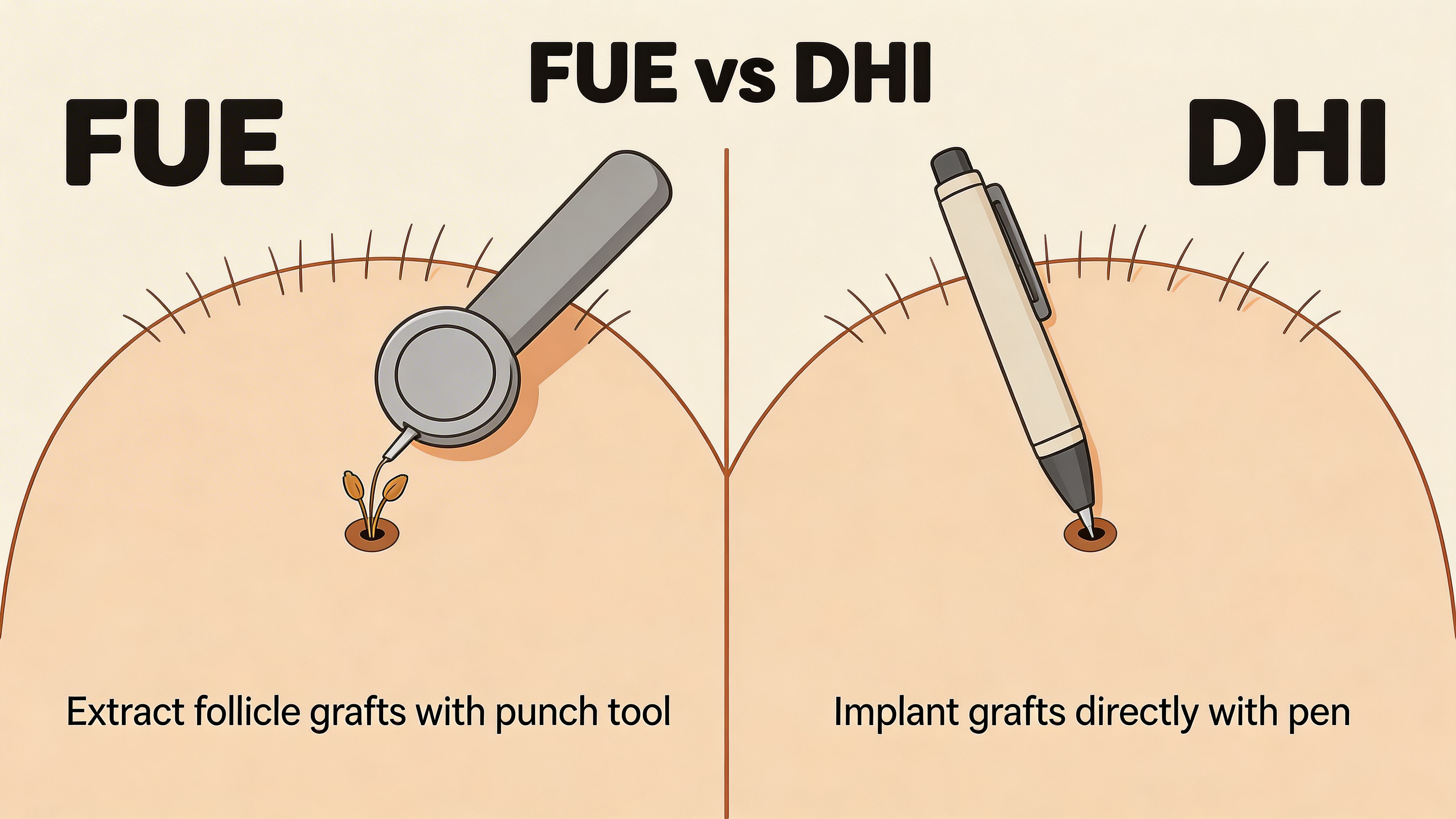 Ein Diagramm, das die FUE- und DHI-Haartransplantationstechniken vergleicht, wobei ein Punch-Werkzeug versus einen Implantationsstift verwendet wird.