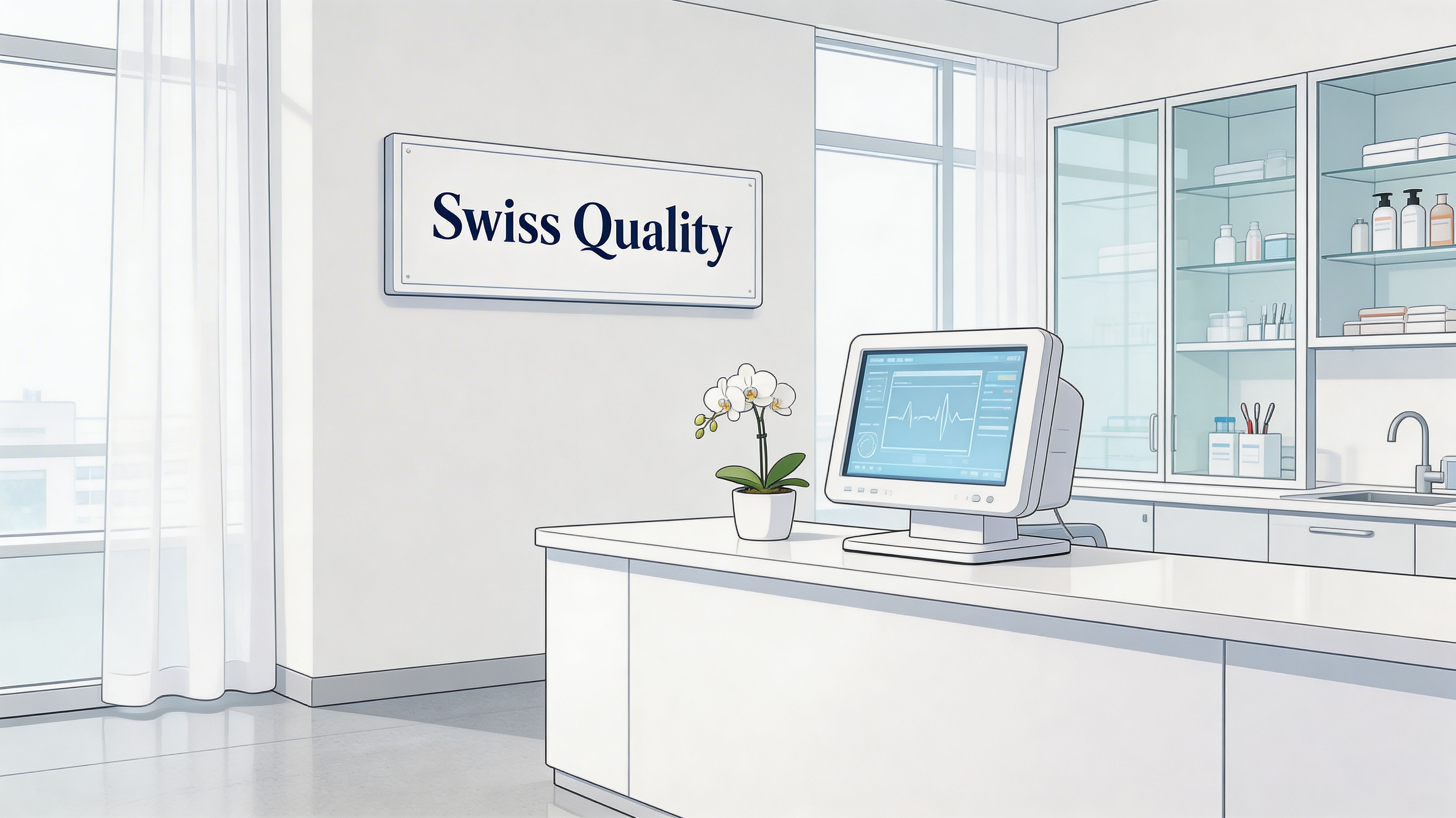 Ein sauberer, moderner Empfangstresen einer medizinischen Klinik mit einem Computerbildschirm und einer weißen Orchideenpflanze.