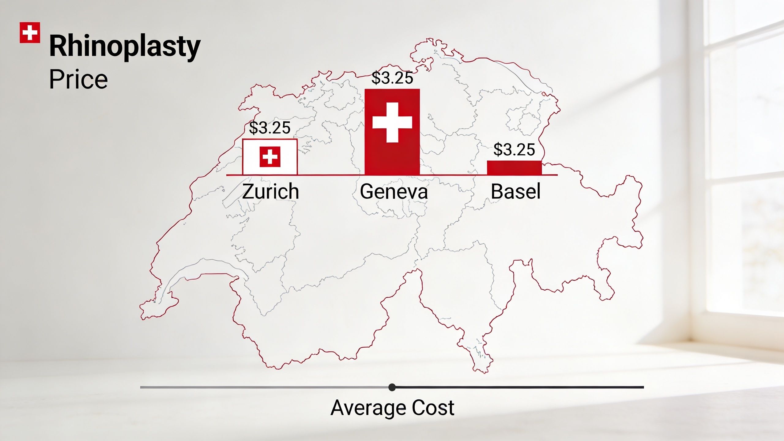 Una mappa della Svizzera che confronta il costo medio della rinoplastica a Zurigo, Ginevra e Basilea a $3.25.