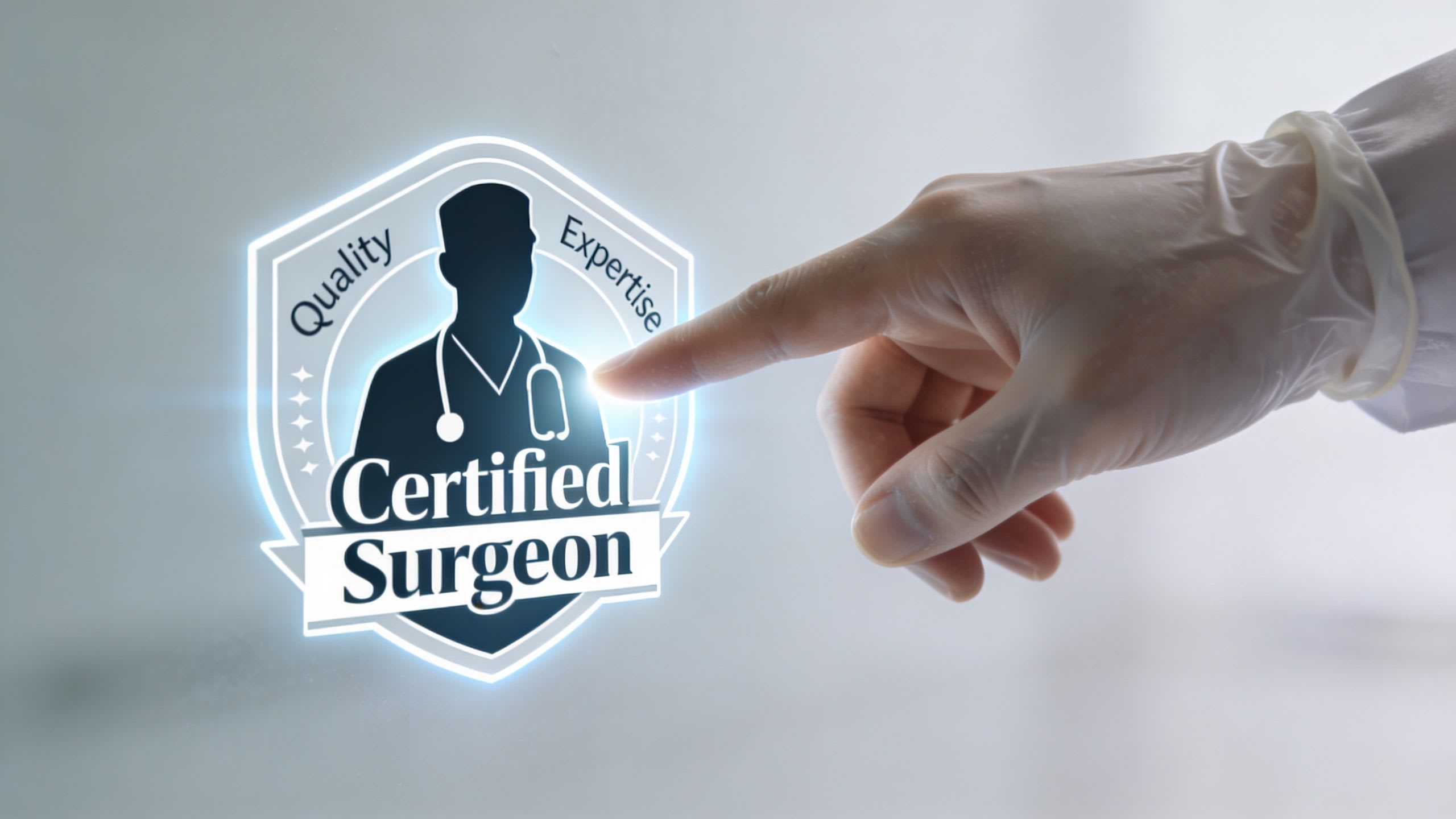 Una mano in un guanto medico che tocca un'icona olografica digitale di un distintivo di chirurgo certificato.