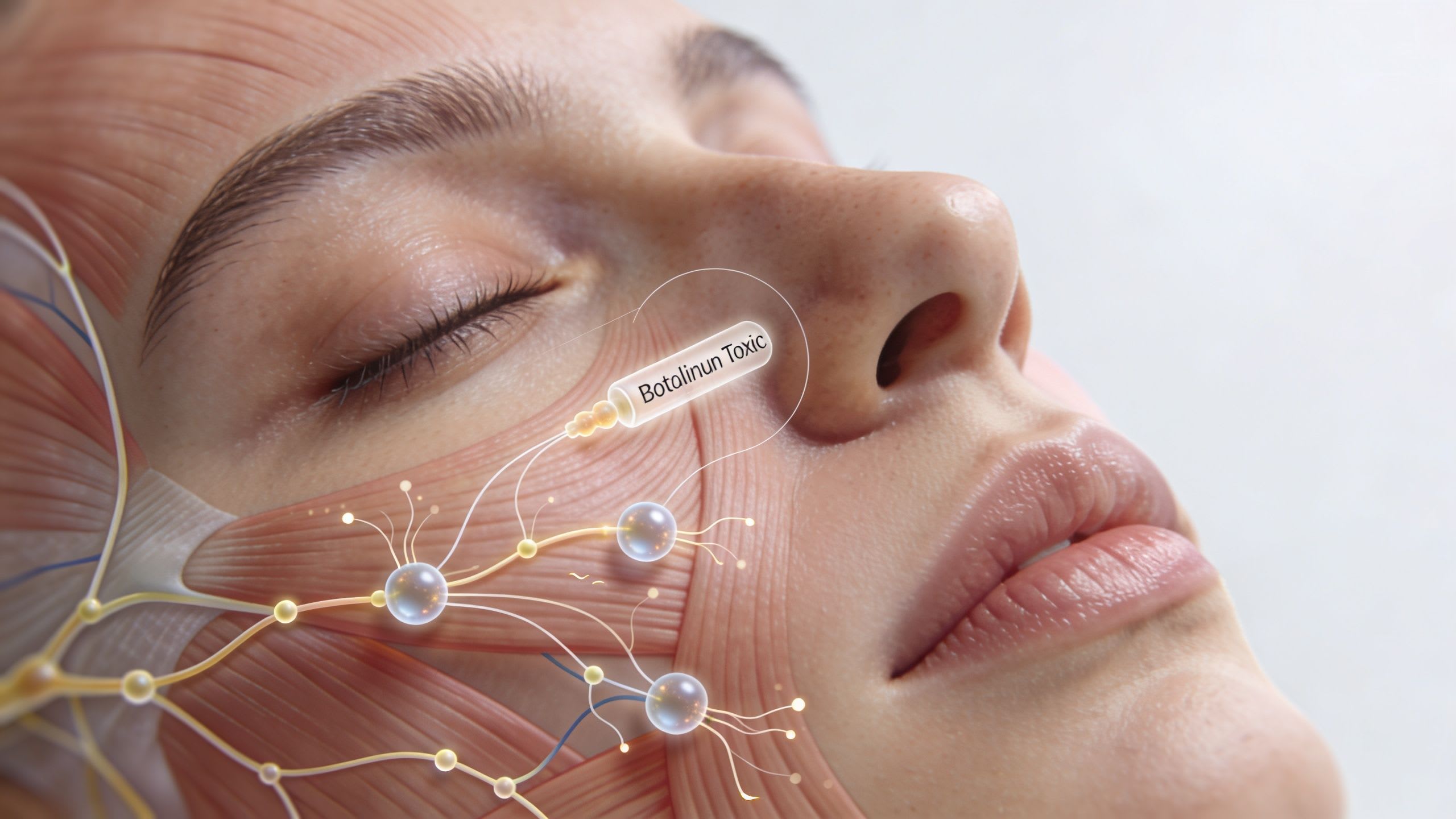 Une illustration médicale conceptuelle montrant les points d'injection de toxine botulique sur la structure musculaire faciale d'une personne.