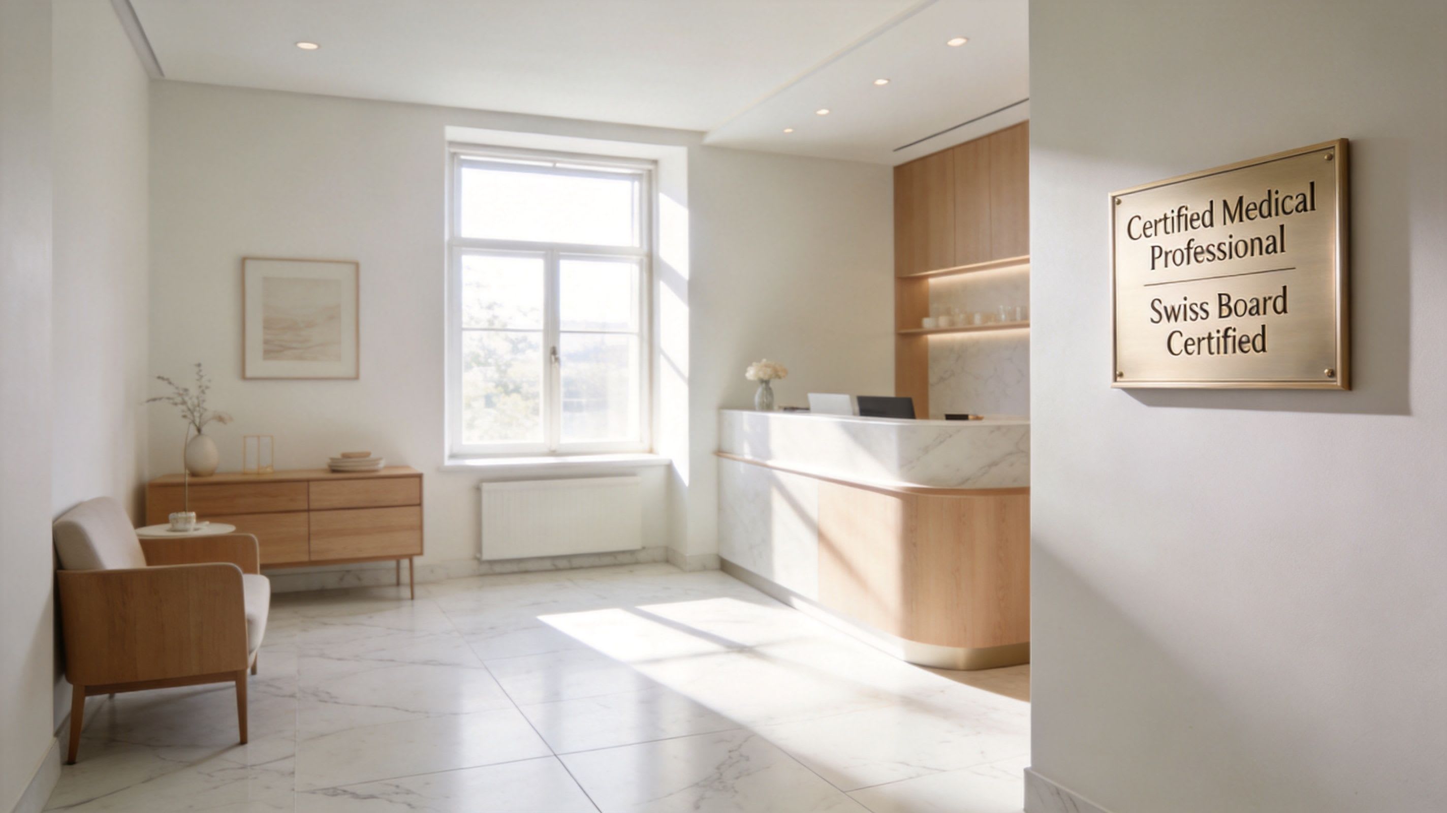 Une réception de clinique médicale moderne et minimaliste avec un sol en marbre blanc, des meubles en bois clair et une signalétique professionnelle.