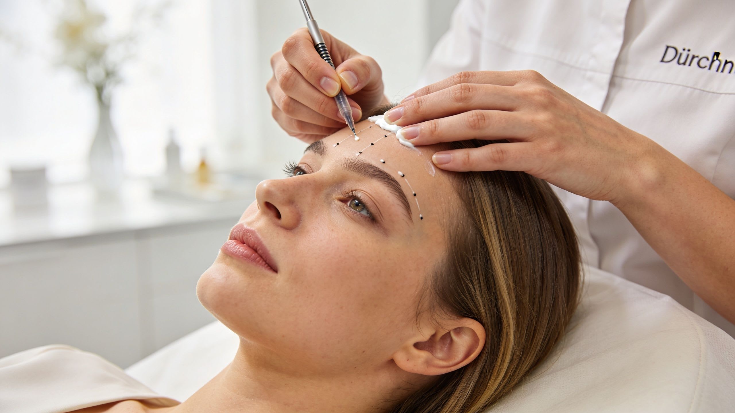 Un dermatologue applique des points marqués sur le front d'un patient pour préparer une procédure d'injection faciale cosmétique.