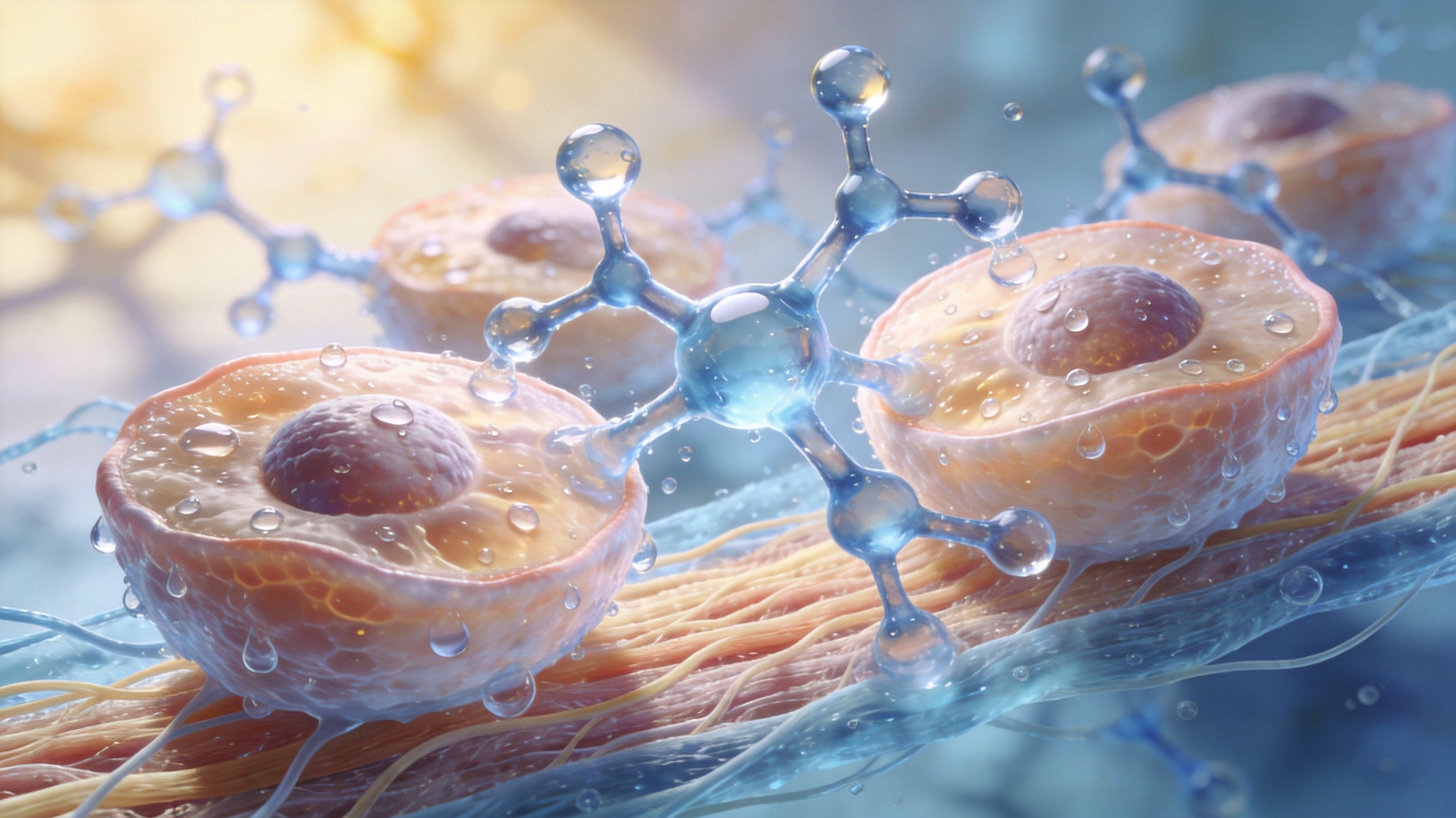 A 3D visualization showing a molecular structure interacting with skin cells on a fibrous tissue background.