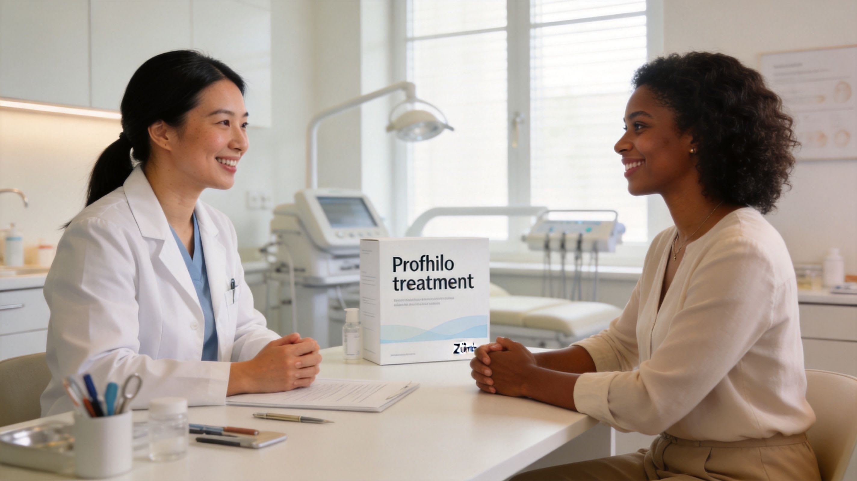 A professional doctor consulting with a patient about Profhilo treatment in a clean, modern medical clinic.