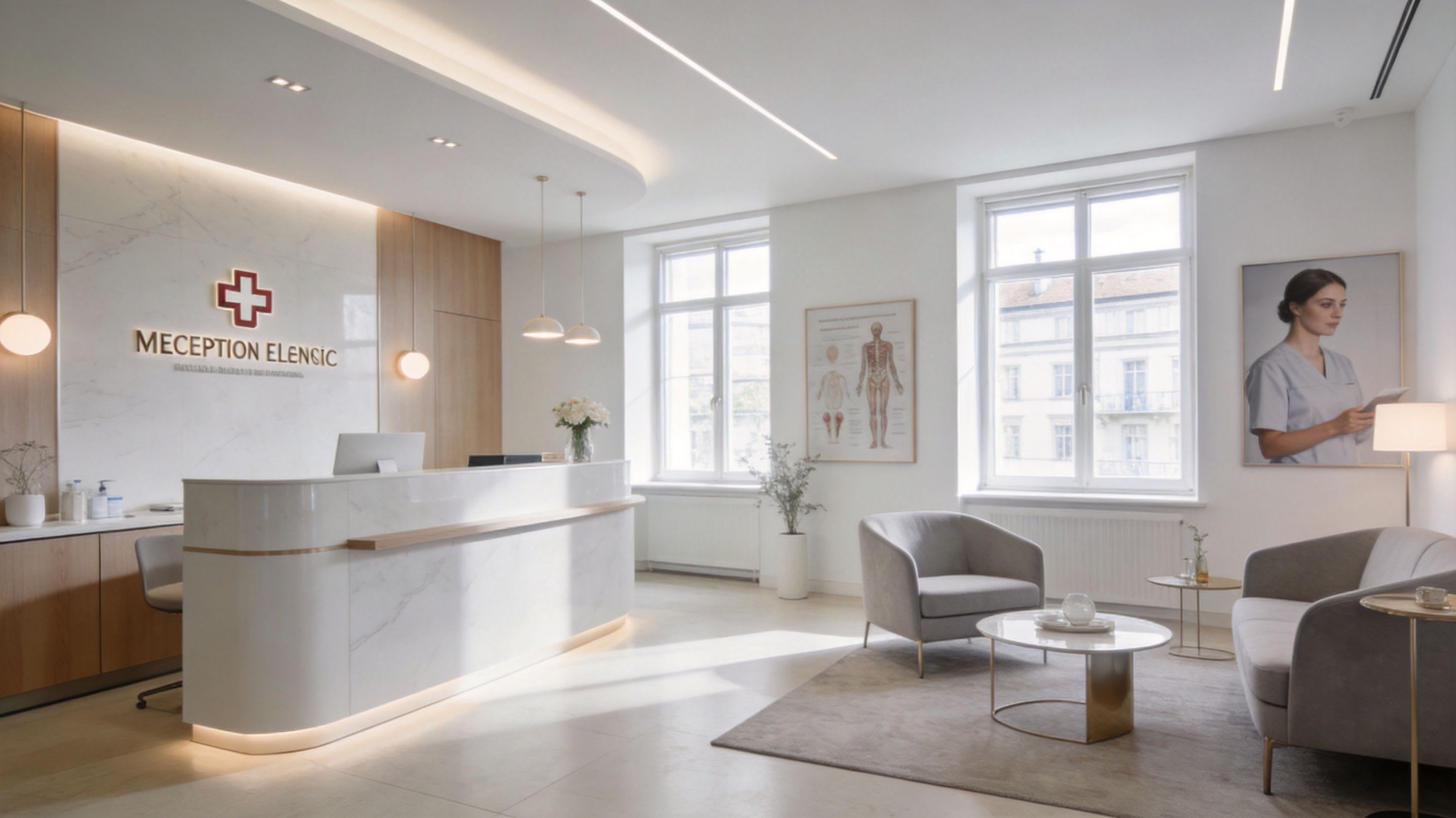 A modern and bright medical reception area in Zurich with marble counters, comfortable armchairs, and professional decor.