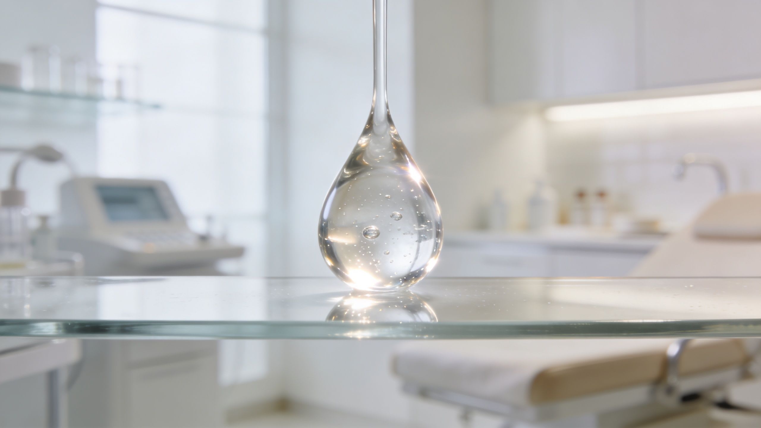 Une goutte claire et visqueuse de filler cosmétique repose sur une surface en verre dans une clinique médicale esthétique.