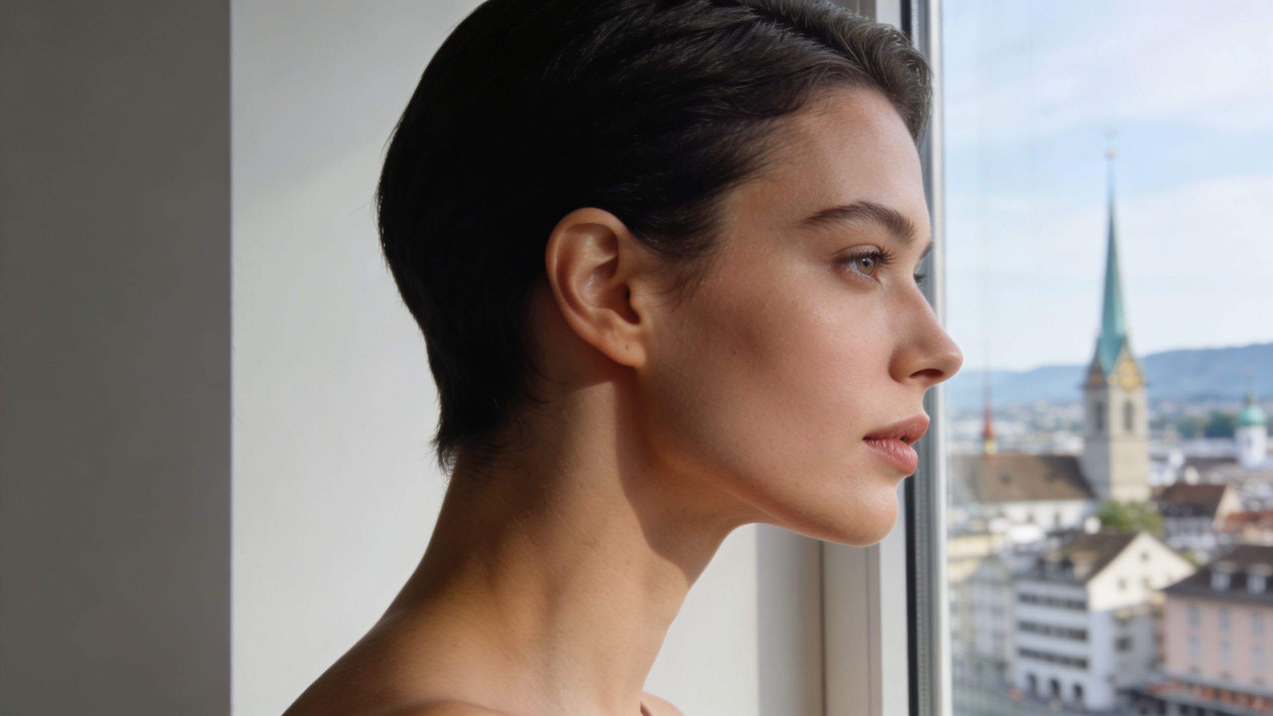 Une vue de profil d'une femme regardant par une fenêtre sur un paysage urbain à Zurich.