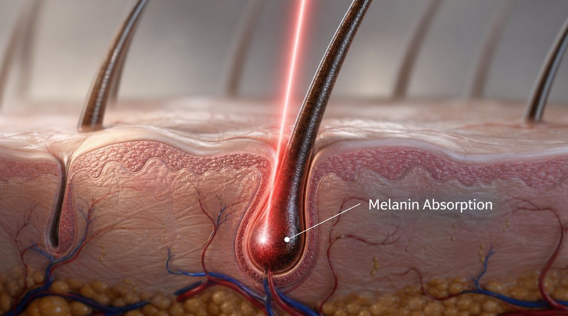 Eine detaillierte 3D-Illustration, die einen Laserstrahl zeigt, der auf den Haarfollikel zur Melaninabsorption zielt.