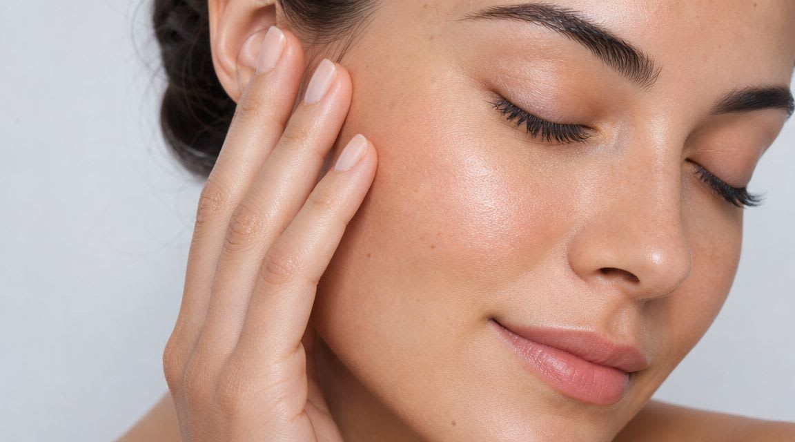A close-up of a woman with glowing skin gently touching her cheek, emphasizing a smooth, radiant complexion.