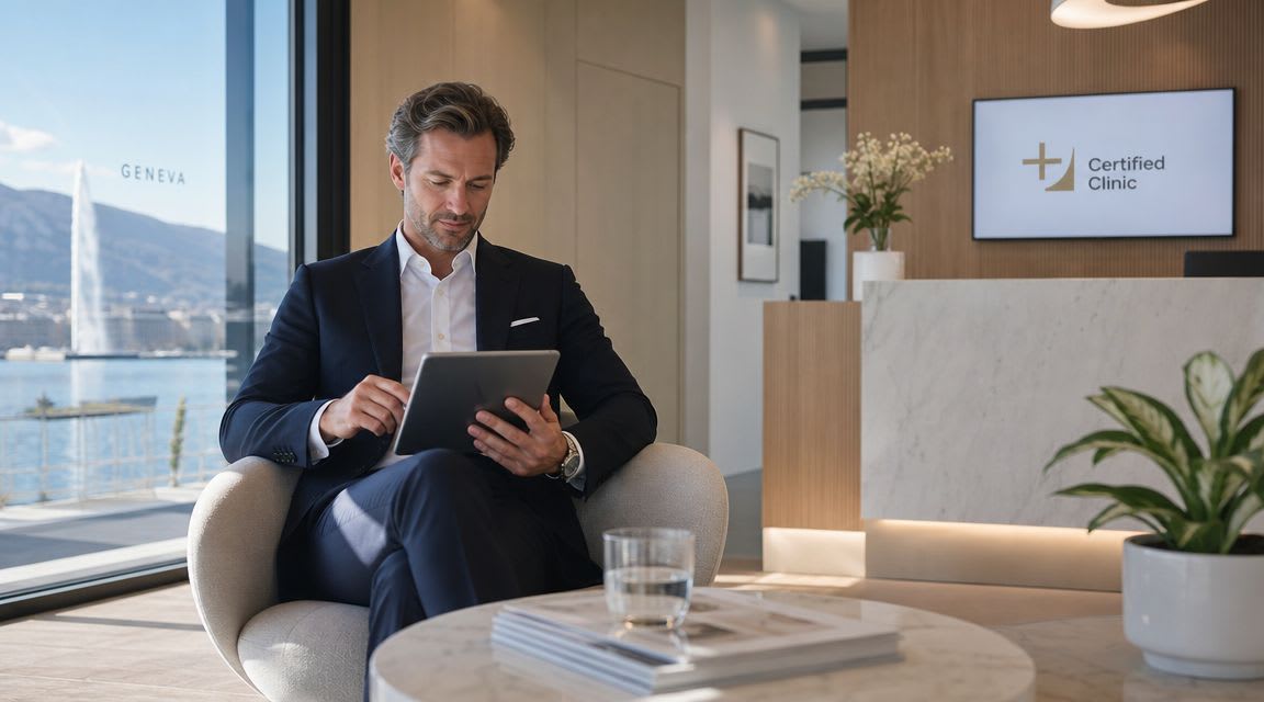 A professional man sitting in a clinic waiting room in Geneva, checking his tablet device.