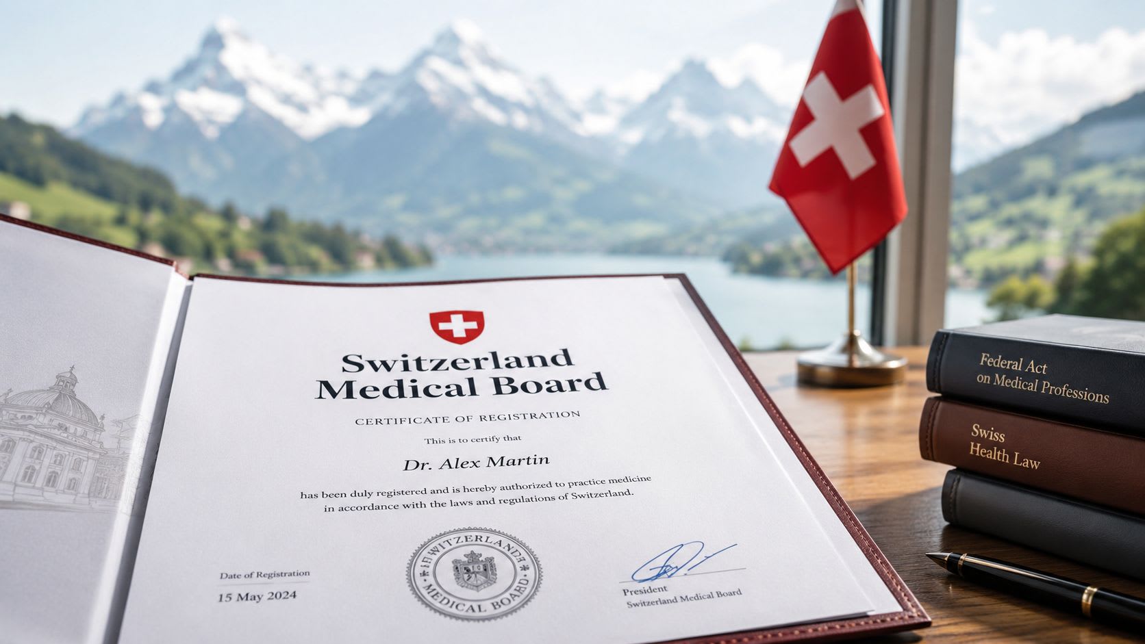 Ein Schweizer Medizinboard-Registrierungszertifikat für Dr. Alex Martin, das auf einem Schreibtisch mit Büchern ruht.