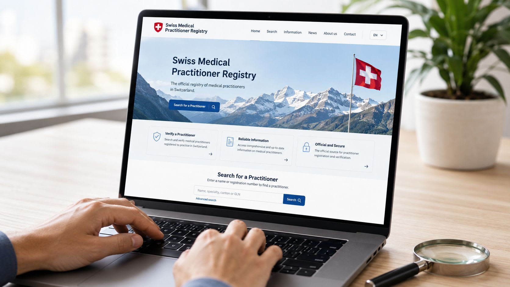 Eine Person, die einen Laptop verwendet, um auf die Website des Schweizer Ärzteverzeichnisses für professionelle medizinische Informationen zuzugreifen.