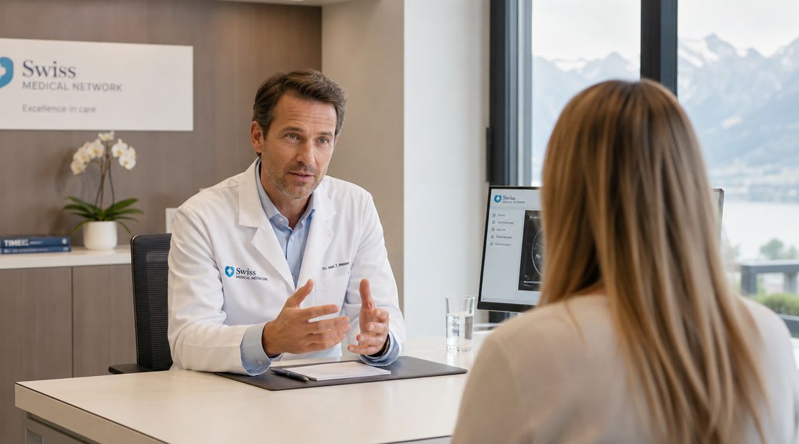 Ein professioneller Arzt, der in einem modernen Büro mit Bergblick eine Konsultation mit einem Patienten hat.