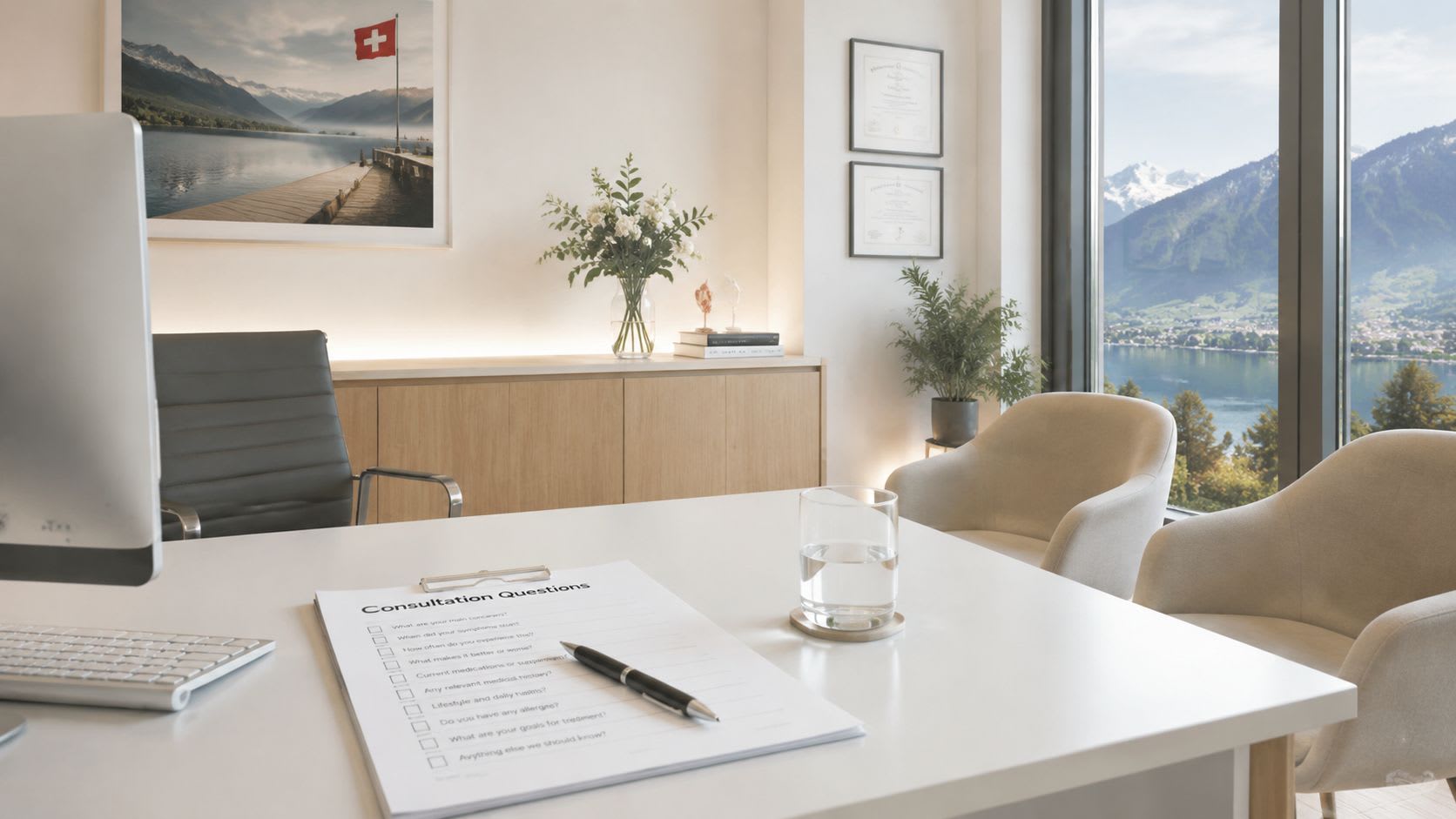 Un bureau de consultation médicale moderne et professionnel avec un bureau, un questionnaire, des chaises et des œuvres d'art sur le paysage suisse.