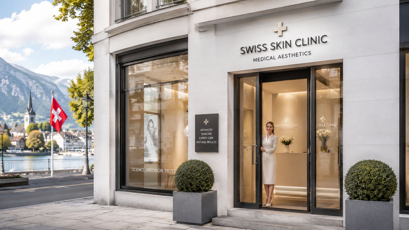 Une femme professionnelle se tenant à l'entrée d'une clinique de peau suisse moderne et haut de gamme au bord d'un lac.