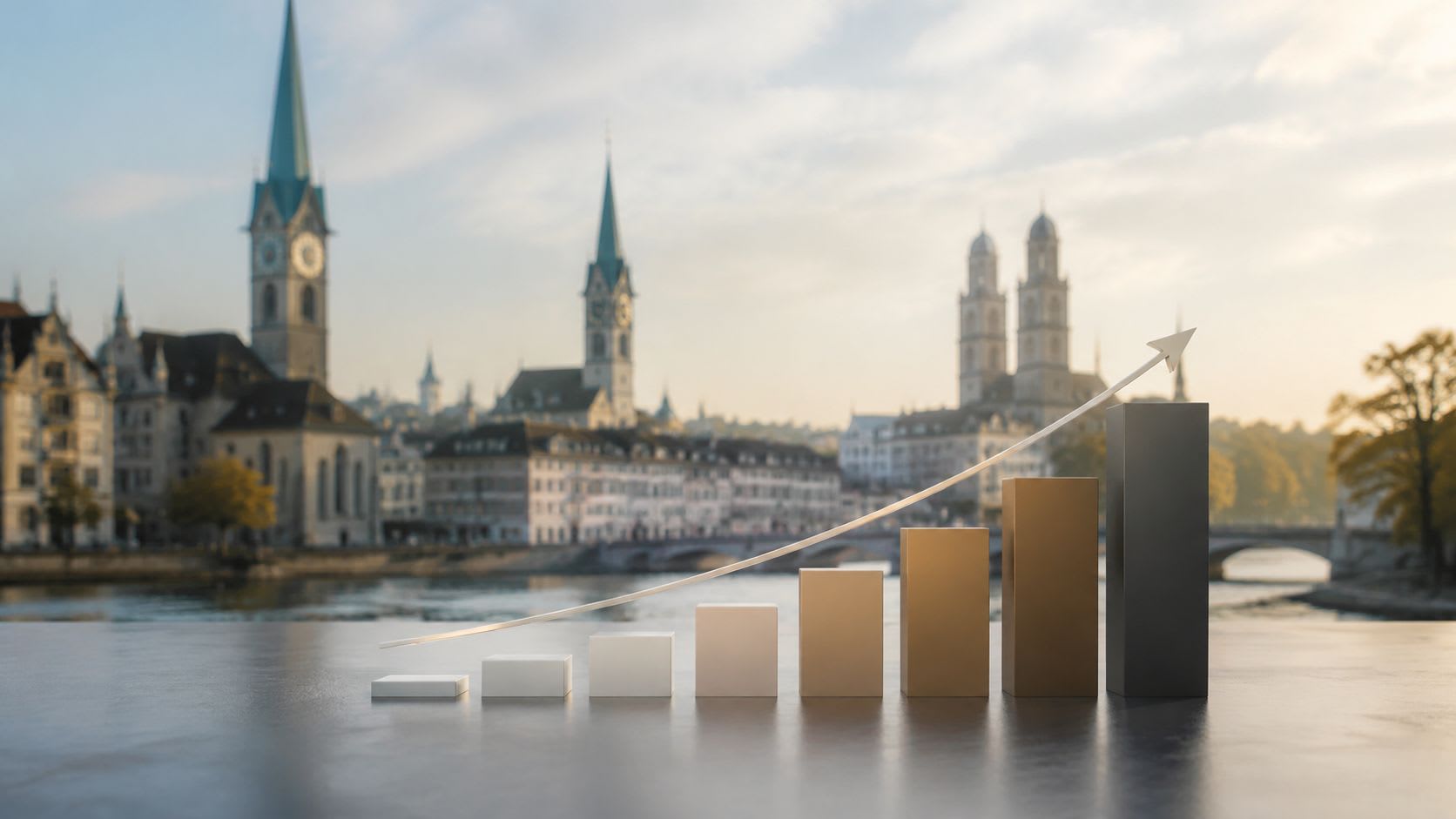 A 3D bar chart showing an upward trend against the iconic skyline of Zurich city, Switzerland.