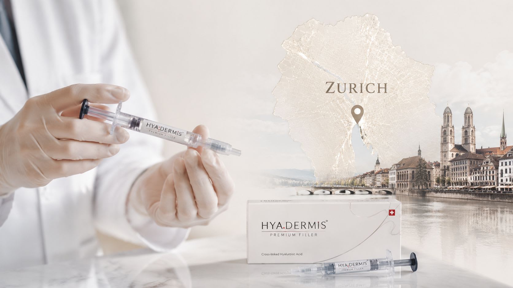 A professional holding a medical syringe labeled HYA.DERMIS with a scenic view of Zurich, Switzerland in background.