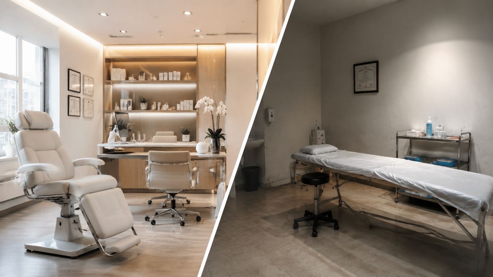 A split-screen comparison showing a modern, upscale aesthetic clinic office and a basic clinical treatment room.