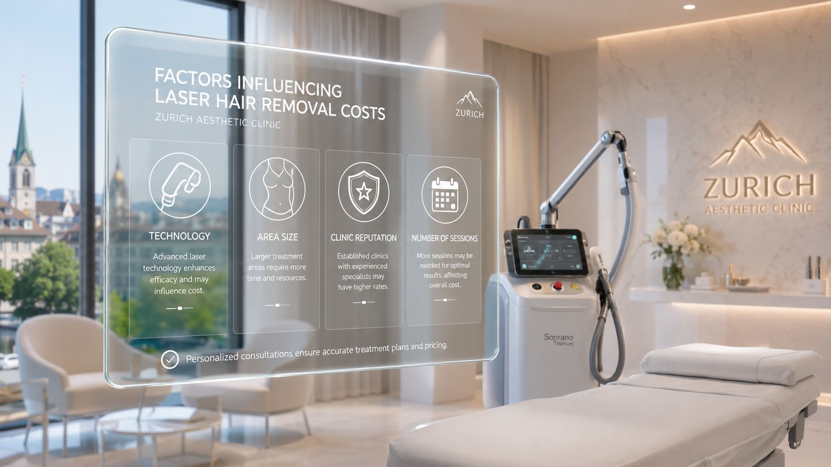 Eine digitale Grafik, die Faktoren zeigt, die die Kosten der Laserhaarentfernung in einer modernen ästhetischen Klinik in Zürich beeinflussen.