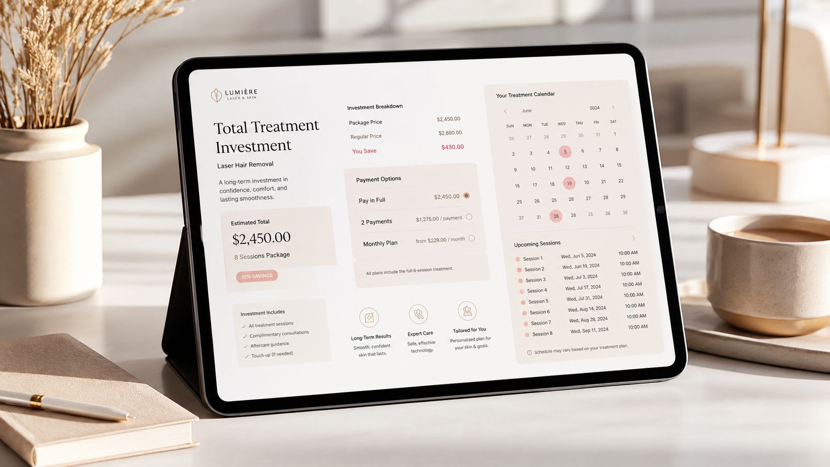 Ein digitales Tablet, das die Preise für die Laserhaarentfernung, Behandlungspakete und einen Zeitplan auf dem Bildschirm anzeigt.