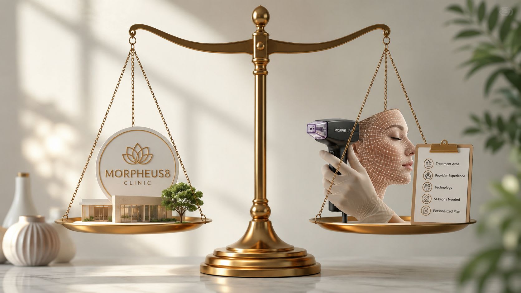 Eine goldene Waage balanciert ein Morpheus8-Klinikmodell gegen eine Gesichtsverjüngungsbehandlung mit einem personalisierten Pflegeplan.