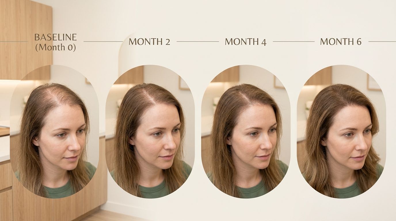 Una donna che mostra una significativa ricrescita dei capelli e un miglioramento della densità dopo un periodo di trattamento di sei mesi.