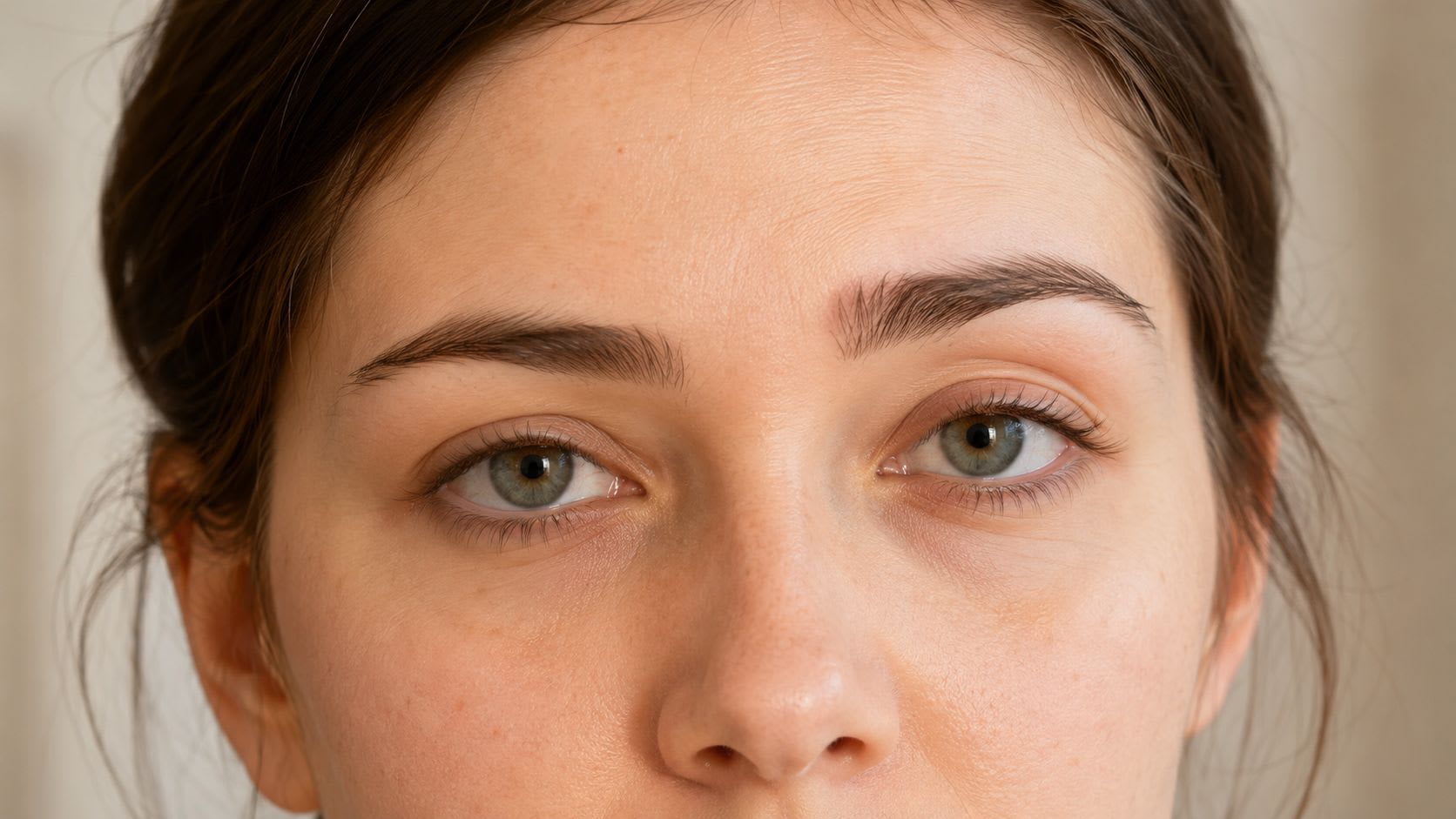 Un portrait en gros plan d'une femme avec des traits naturels se concentrant sur son front et sa zone des yeux.