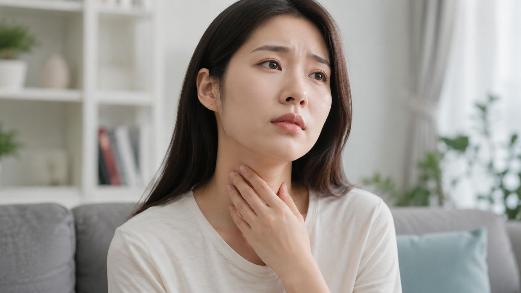 Une jeune femme touchant sa gorge tout en ayant l'air préoccupée, mettant en évidence un inconfort ou des problèmes de santé potentiels.