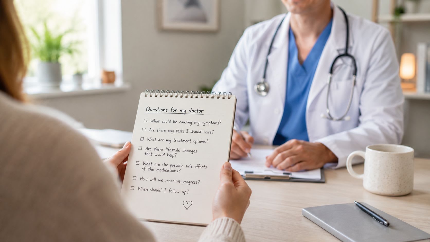 Un patient tenant un bloc-notes avec des questions tout en étant assis en face de son médecin lors d'une consultation de bureau.