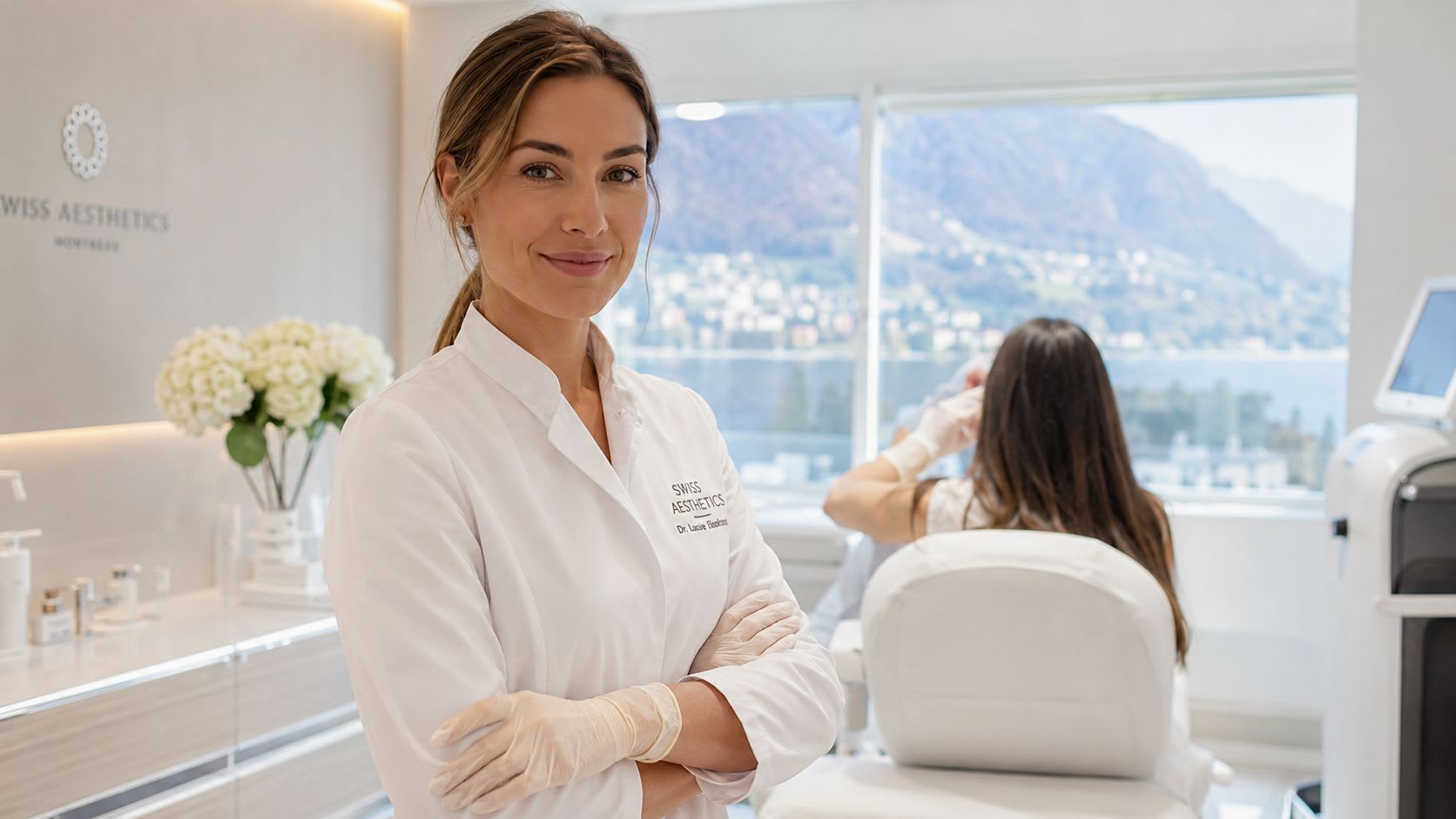 Une médecin esthétique professionnelle portant une blouse blanche et des gants souriant dans une clinique médicale moderne.