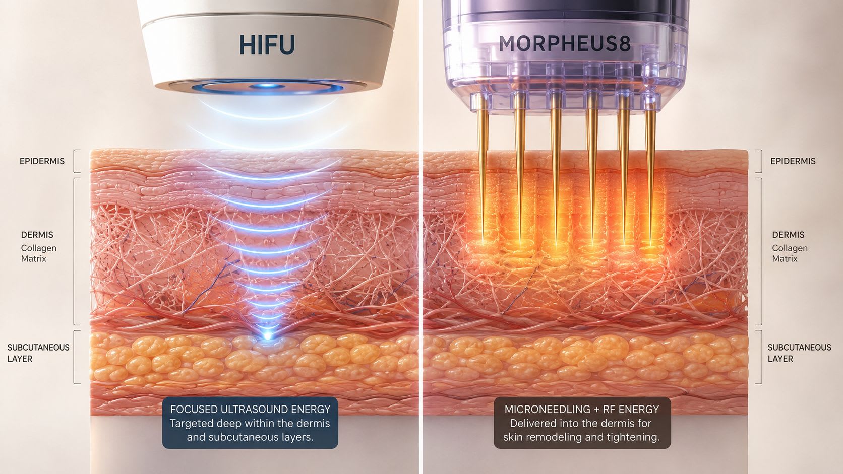 Un diagramma che confronta l'energia ad ultrasuoni HIFU e i trattamenti di radiofrequenza microneedling Morpheus8 per il rassodamento e il ringiovanimento della pelle.