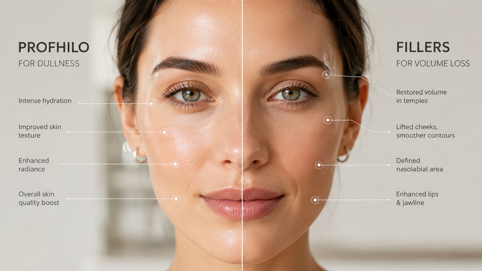 A split-face comparison image explaining the differences between Profhilo treatment for hydration and dermal fillers for volume.
