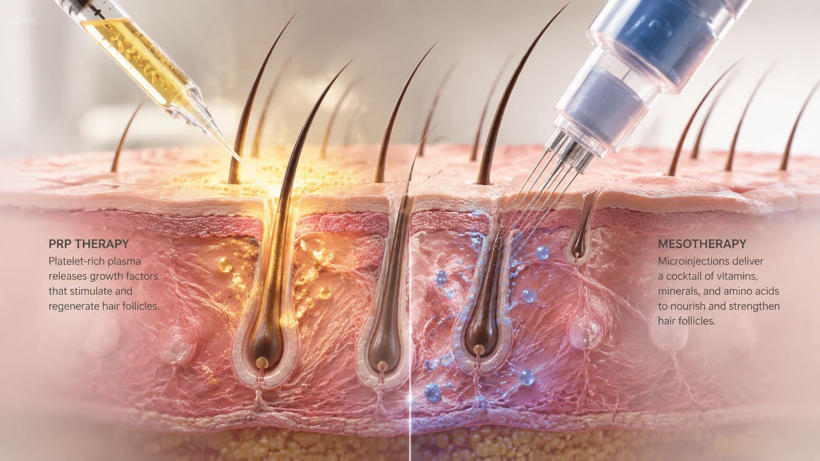 A 3D medical illustration comparing PRP therapy and mesotherapy treatments for hair follicle stimulation and scalp health.