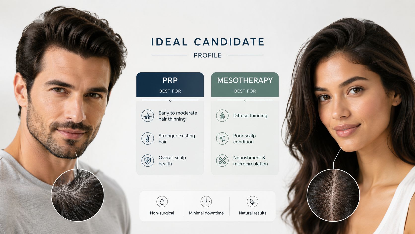 A comparison chart showing ideal candidates for PRP versus mesotherapy for hair loss treatment and restoration.