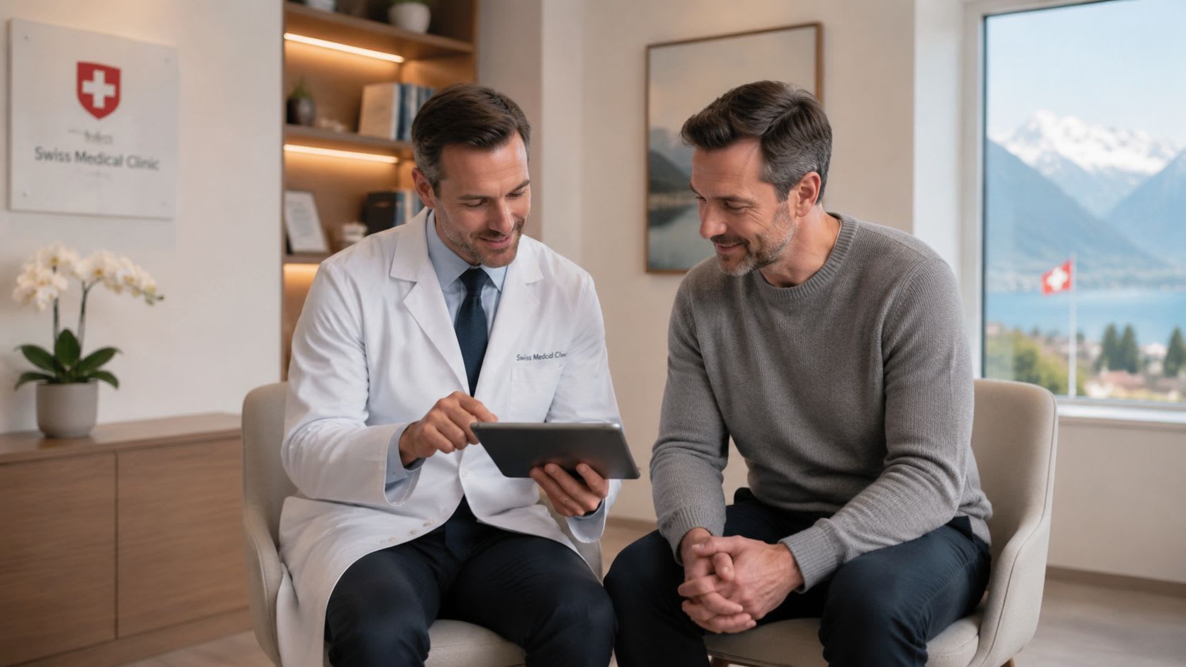 A professional doctor wearing a white coat discusses treatment plans with a patient using a digital tablet.