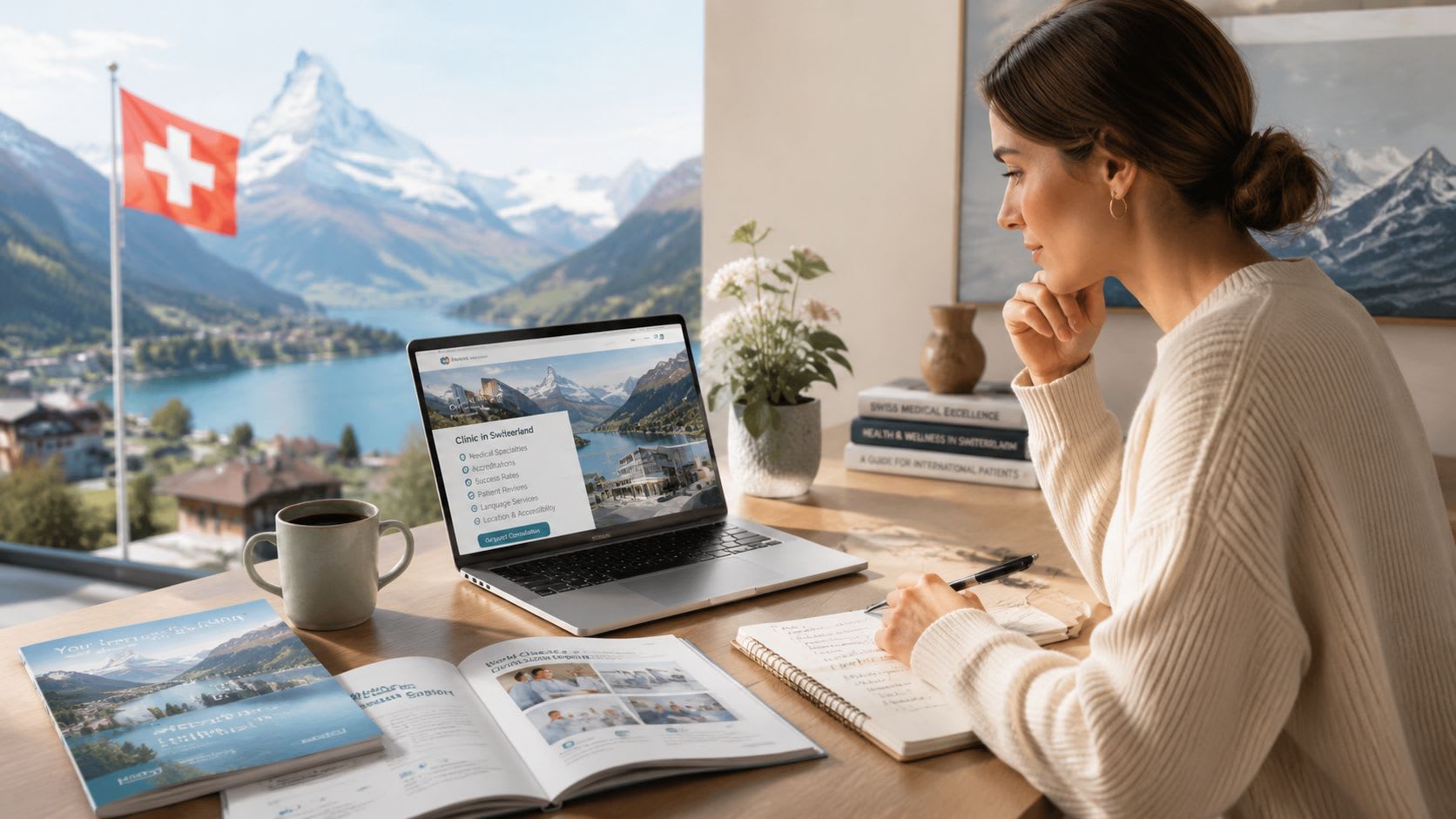 A woman researching medical tourism in Switzerland on her laptop while taking notes at her desk.
